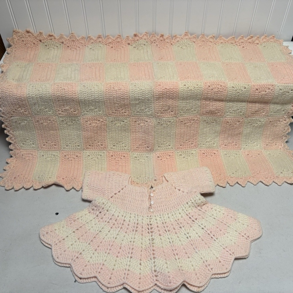 Vintage Handmade Crocheted Salmon Pink Cream Baby Blanket & Baby/Doll Dress